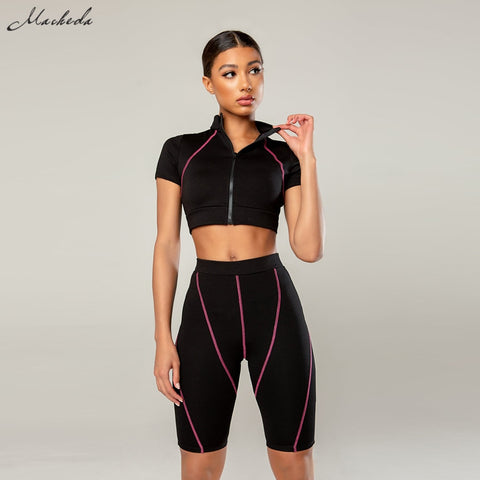 Macheda Women Fashion Elastic Slim Fitness Wear 2 Pieces Sets Turtleneck Zipper Cropped Tops And Sports Short leggings 22019 New