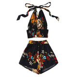 Halter Floral new print 2 two piece set top and pants women Blouse Pullover Tops + Shorts Pants Set Suitensemble femme #G7