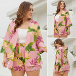 Women Plus Size Cardigan Top+Wide-leg High-waist Shorts Two-piece Printed Women Set