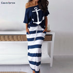 Women Two Piece Sets Boat Anchor Print T-Shirt & Striped Skirt Sets Ankle-Length Fashion Street Wear Casual Maxi Striped Skirts