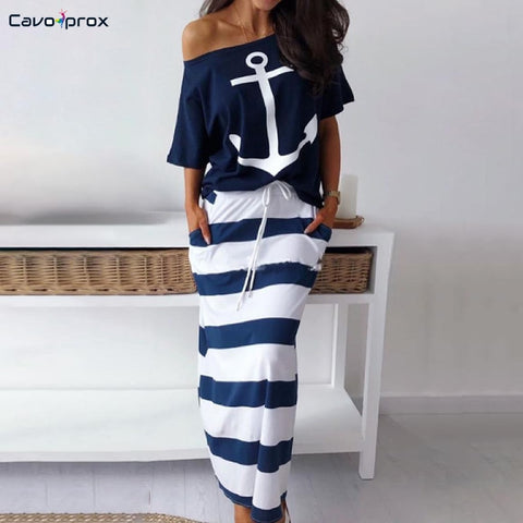 Women Two Piece Sets Boat Anchor Print T-Shirt & Striped Skirt Sets Ankle-Length Fashion Street Wear Casual Maxi Striped Skirts
