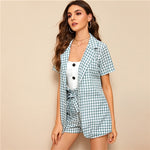 Sheinside Casual Plaid Print Long Blazer And Shorts Set Women 2019 Summer Notched Collar Drawstring Waist Shorts 2 Piece Set