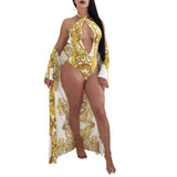 Summer 2019 Women Fashion Printed Jumpsuit Cloak+Sexy Rompers Bodysuits Lace Up Brazil Beach Bikinis Jumpsuits