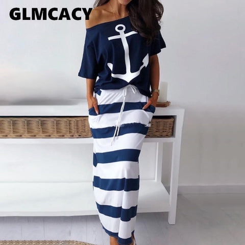 Women Two Piece Sets Boat Anchor Print T-Shirt & Striped Skirt Sets Casual Ankle-Length Fashion Off Shoulder Maxi Striped Skirt