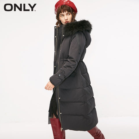 ONLY  womens' winter new drawstring hooded long down jacket Sleeve buckle decoration Waist drawstring design|118312531