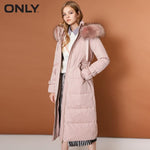 ONLY  womens' winter new drawstring hooded long down jacket Sleeve buckle decoration Waist drawstring design|118312531