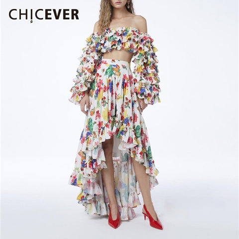 CHICEVER Summer Vintage Print Ruffles Women Two Piece Suit Slash Neck Puff Sleeve Short Top With High Waist Irregular Skirt New