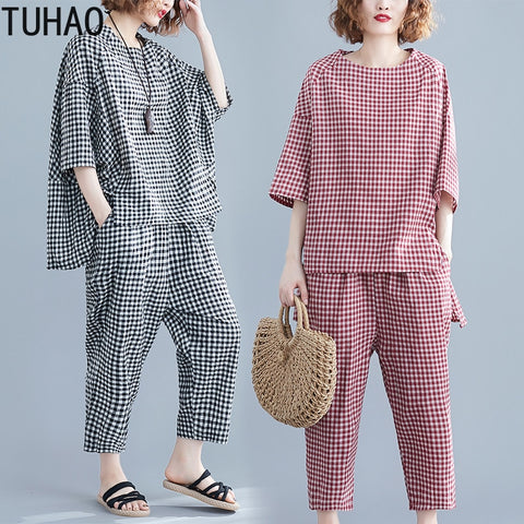 TUHAO 2019 Sets Womens Outfits Large Size Women's Plaid Suit Summe Elastic Waist Plaid Calf-Length Pants Two Piece Suit LZ273