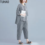 TUHAO 2019 Sets Womens Outfits Large Size Women's Plaid Suit Summe Elastic Waist Plaid Calf-Length Pants Two Piece Suit LZ273