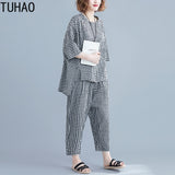 TUHAO 2019 Sets Womens Outfits Large Size Women's Plaid Suit Summe Elastic Waist Plaid Calf-Length Pants Two Piece Suit LZ273