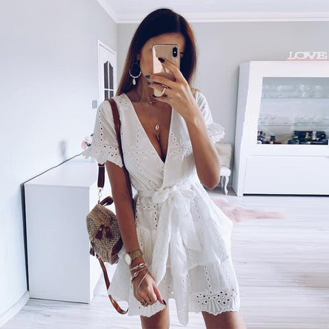 New summer holiday white Short Sleeve V-Neck Summer Dress Beach Ruffled Summer Women's Casual Short Sleeve Cutout Mini Dress